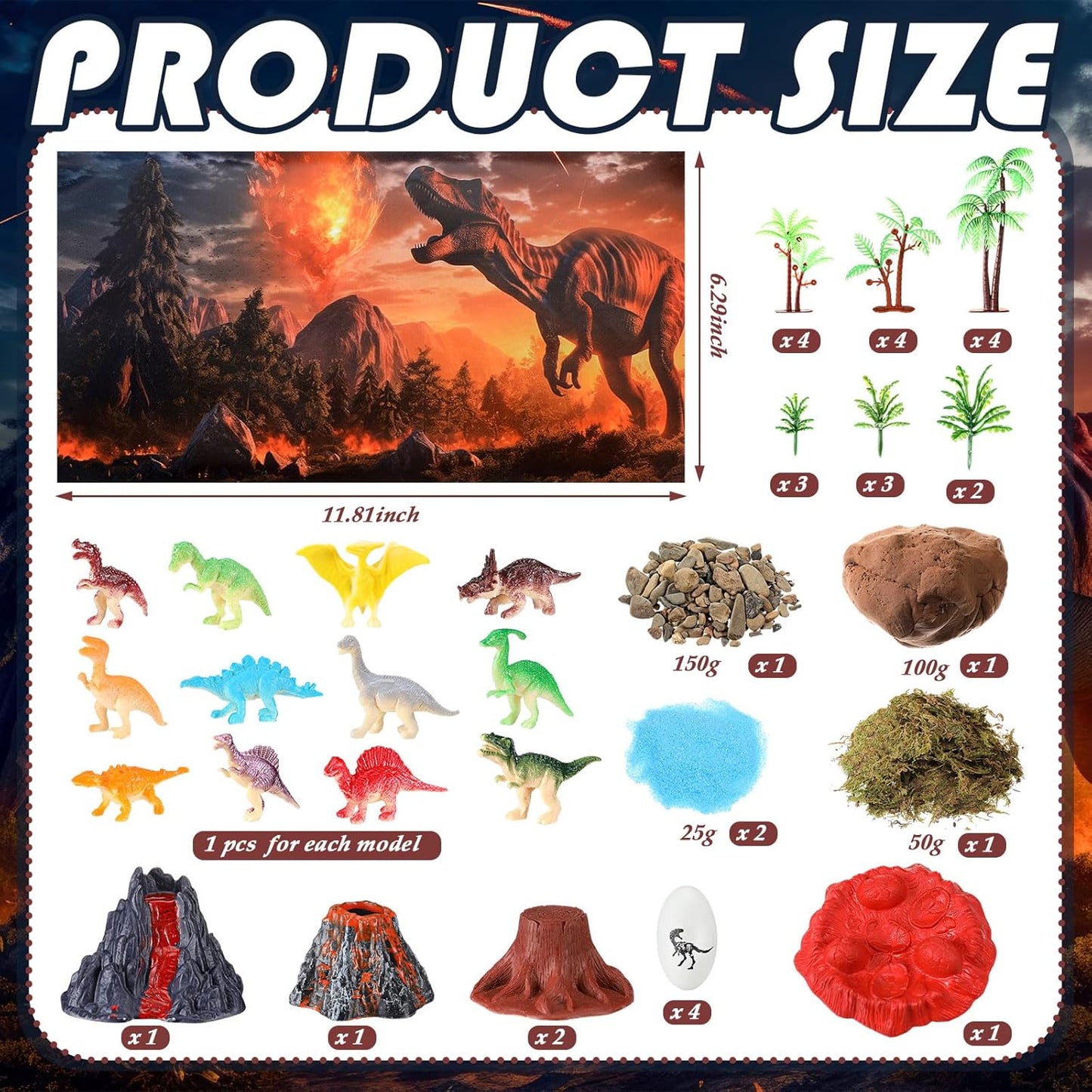 Teyva Daily 48 Pcs Dinosaur Diorama Kit Habitat Project Box Set 3D Dinosaurs Diorama Supplies Include Dinosaurs Model Figures & Eggs Volcano Artificial Trees with Cardboard for DIY Crafts Gifts