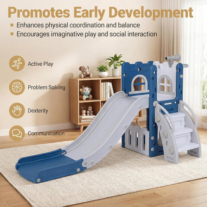 HONEY JOY Toddler Slide, 6 in 1 Freestanding Slide for Kids, Indoor Outdoor Castle Climber Playset Gym w/Basketball Hoop, Ball, Telescope, Storage, Playground Baby Slide for Boys Girls (Blue)