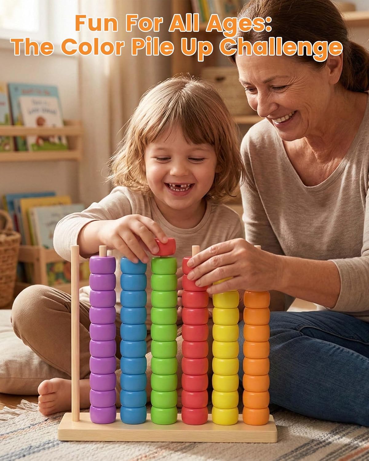 Color Pile Up Challenge, Color Matching Stacking Puzzle Game, Wooden Color Match Challenge Game, Rainbow Ring Challenge Stack Puzzle, Easter Basket Stuffers, Tabletop Brain Games For Family (L-2SET)
