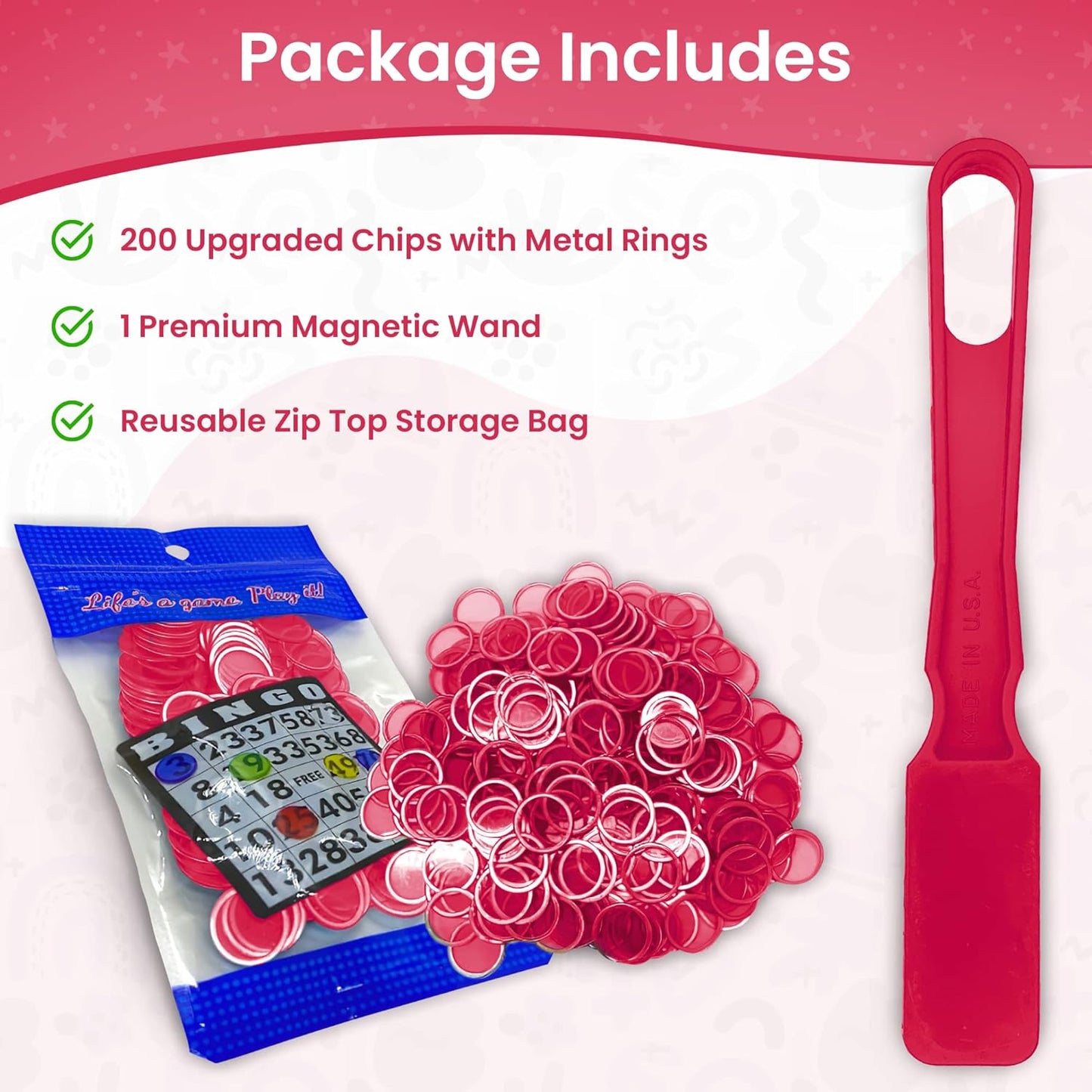 MR CHIPS Made in USA Upgraded Bingo Magnetic Wand & 200 Pieces ¾ Inch Red Plastic Chips with Metal Rings - Support American Jobs