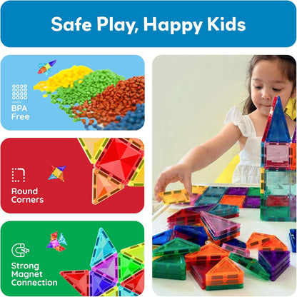 PicassoTiles 80 PCs Magnetic Tiles Travel Size Mini Version Building Block Construction Set for Kids Great Gift Ages 3+ Boys & Girls Preschool Kindergarten Montessori Playing Toys Stacking Fun PTM80