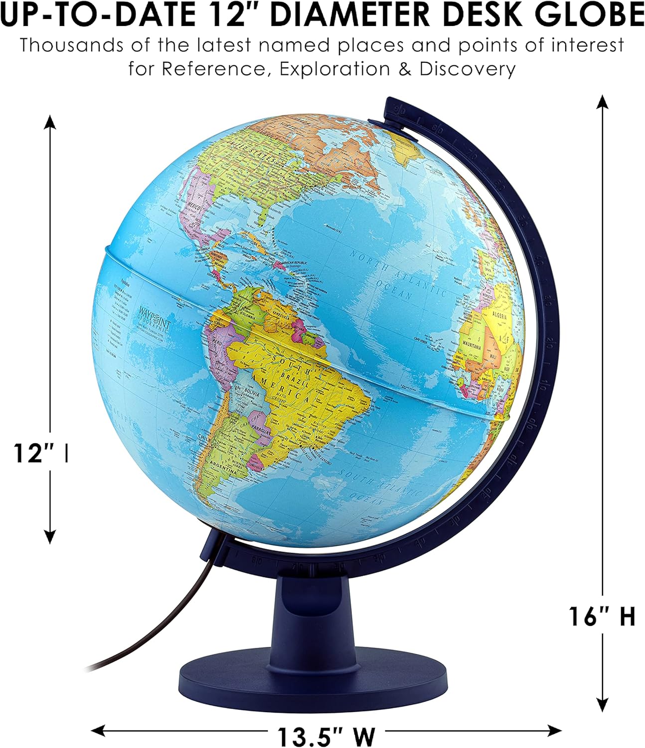 Waypoint Geographic Scout+ Illuminated With Map, World Globe for Kids, Decorative Classroom Globe with Stand, More than 4000 Places, 12” Interactive, Bonus Map Included, Blue