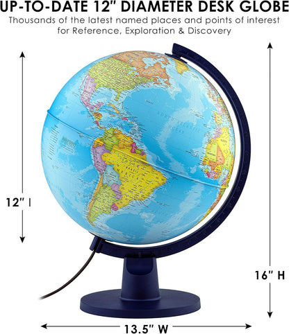 Waypoint Geographic Scout+ Illuminated With Map, World Globe for Kids, Decorative Classroom Globe with Stand, More than 4000 Places, 12” Interactive, Bonus Map Included, Blue