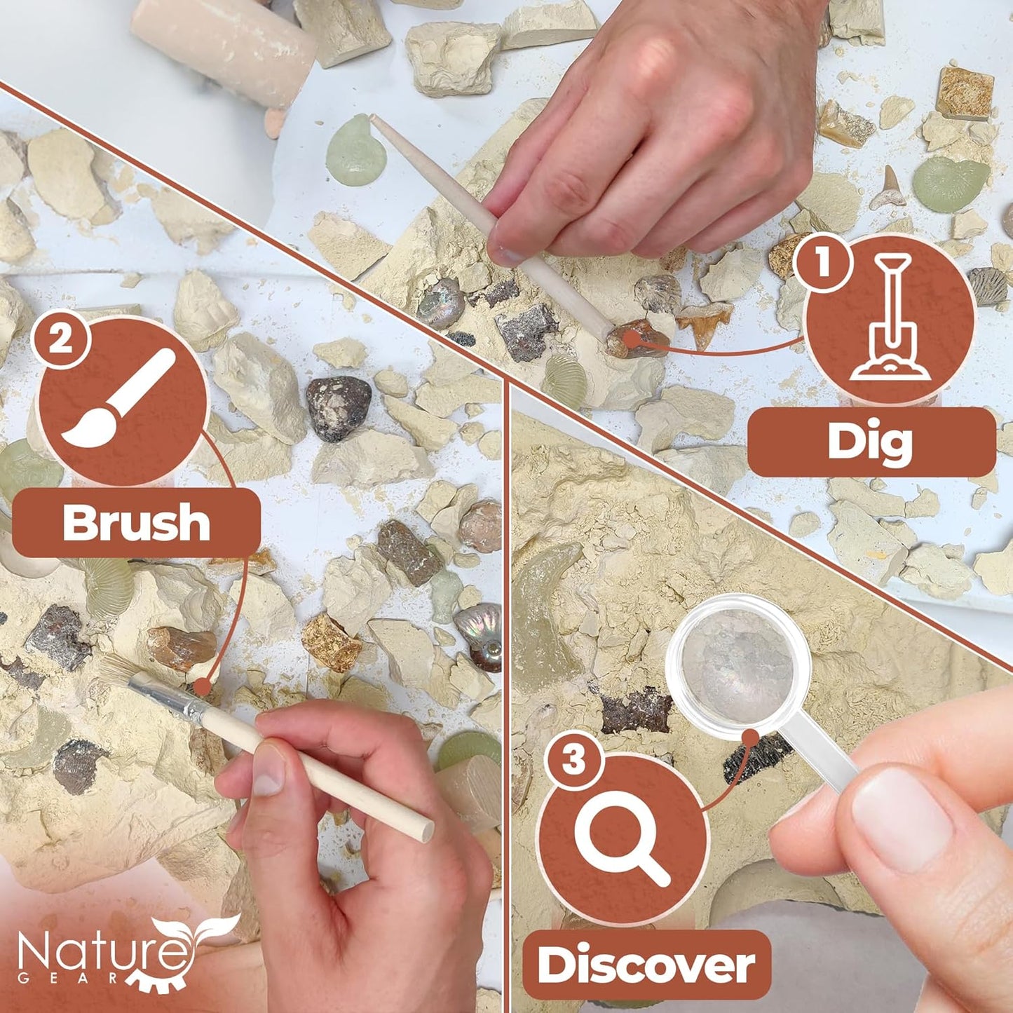 Nature Gear Gemstone Dig Kit for Kids, Educational Crystal Excavation Kit with 15 Mystery Gems, Interactive Adventure Fossil Mining Toy for Kids Age 3-5 and Up