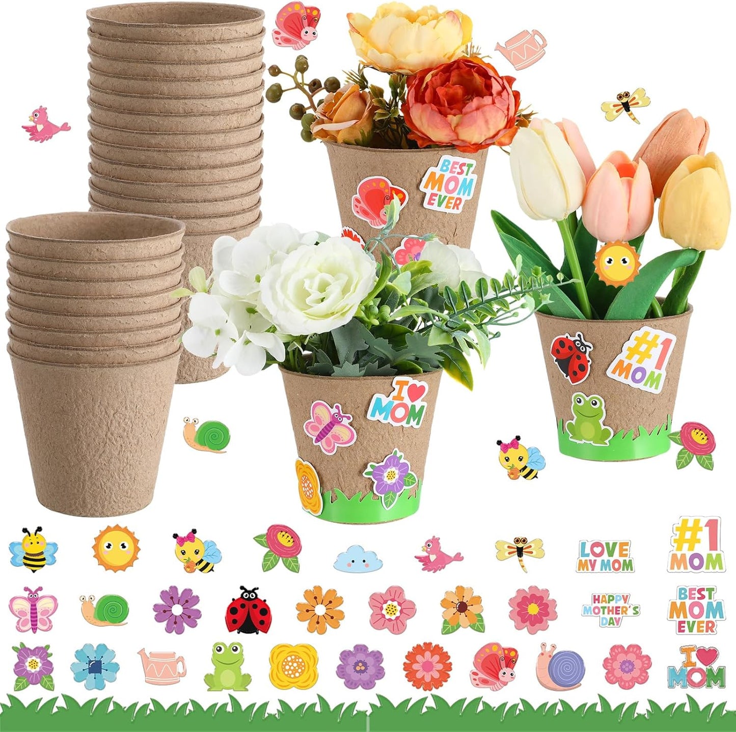 Resurhang 80 Pack Mothers Day Crafts Bulk Spring Crafts Garden Paper Pot Kits with Sticker DIY Your Own Flower Pot Planting Growing Kit for Home Art Gift