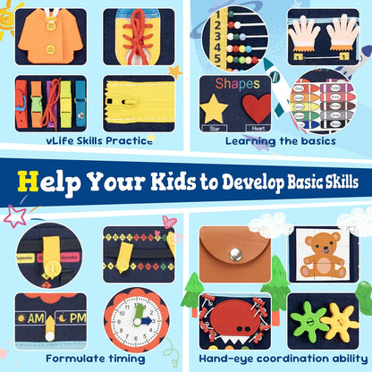 Toddler Busy Board Book Montessori Toys,Sensory Book Educational Activities for Learning Fine Motor Skills, Quiet Travel Essentials for Airplane & Car, Birthday Gift for Boys Girls Toddlers