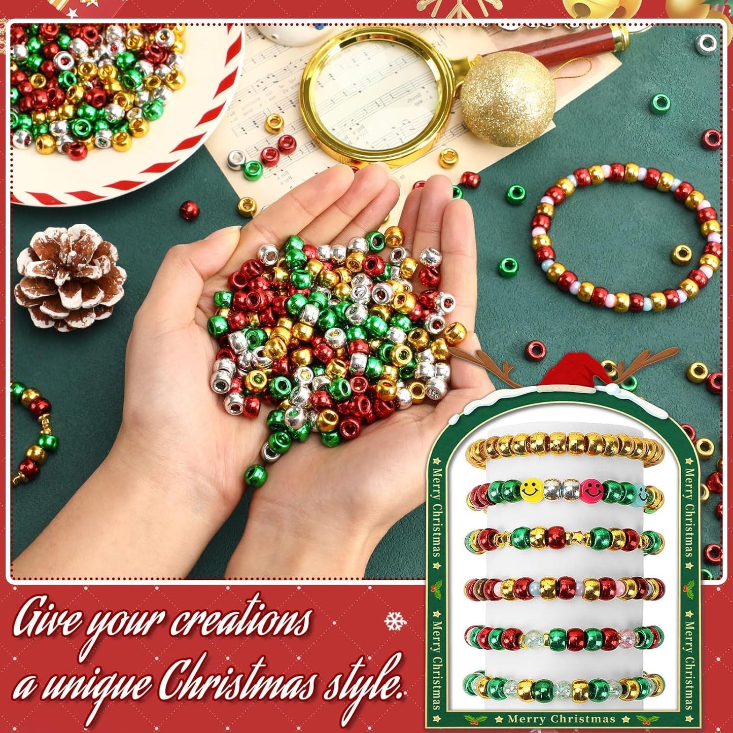 UPINS 1200Pcs Christmas Pony Beads Friendship Plastic Small Hair Beads Red Green White Pony Beads for Necklace Supplies (Christmas)