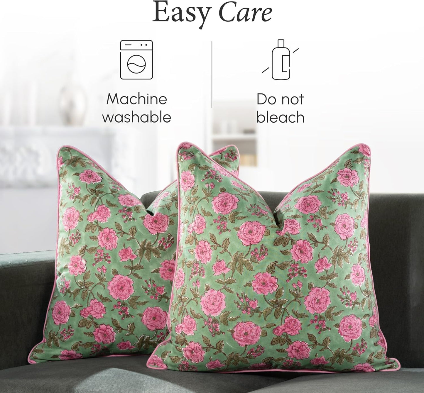 CPC 100% Cotton Throw Pillow Covers 18x18 Inch, Set of 2 Green Block Print Pattern Couch Pillow, Cute Boho Decorative Pillows for Living Room, Bedroom with Hidden Zipper- Agate Green
