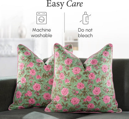 CPC 100% Cotton Throw Pillow Covers 18x18 Inch, Set of 2 Green Block Print Pattern Couch Pillow, Cute Boho Decorative Pillows for Living Room, Bedroom with Hidden Zipper- Agate Green