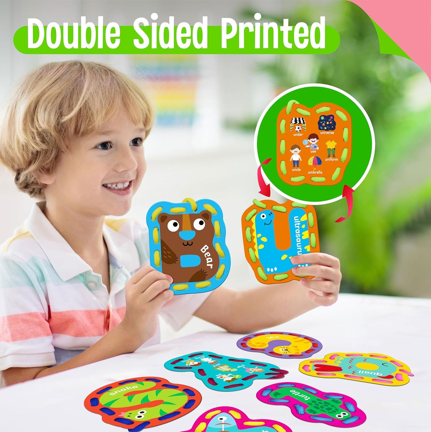 SpriteGru 9 Pieces Kids Lacing Cards, Double Sided Sewing Cards in 9 Vehicle Cards with 9 Colorful Laces, Imagination Development Lacing Toys Games for Children Educational and Learning Activity