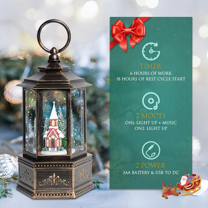 Christmas Snow Globes Lantern, Church and Christmas Tree Christmas Decorations Indoor, 6H Timer Battery & USB Powered Light Up Musical Snow Globes for Kids Women Adults Gift Thanksgiving Home Decor