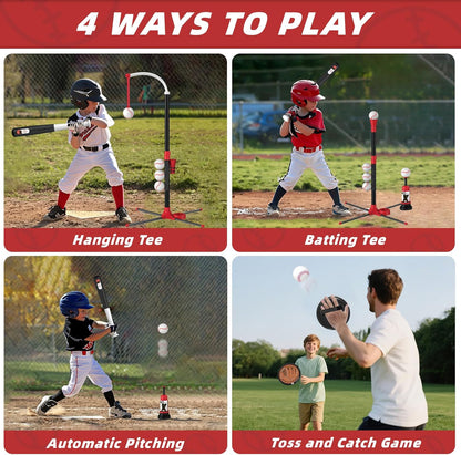 Wee Wonders 4 in 1 T-Ball Sets for Kids 3-5 with Toss and Catch Ball, Toddler Baseball with Auto Pitching Machine/6 Balls, Outdoor Sport Toys Gifts for Boys Girls