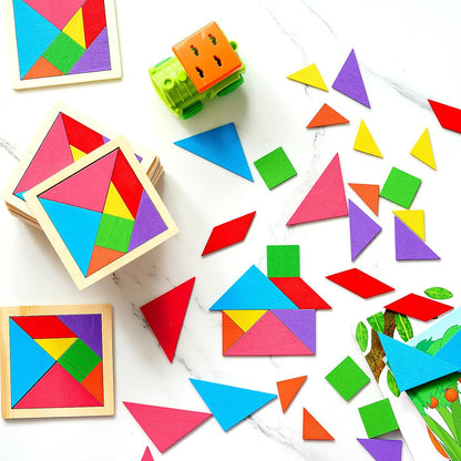 Soulchen 100 Pack Wooden Tangrams Puzzles Bulk for Student Shapes Puzzle Brain Logic Block for Tangram Game Geometric Pattern Block Toy Birthday Party Goody Bag Stuffers Educational Gifts for Adults