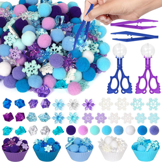 264 Pcs Winter Sensory Bin Items Winter Frozen Snowflake Counting Sorting Sensory Bin Filler Fine Motor Acrylic Frozen Snowflake Counts for Xmas Counting Decor