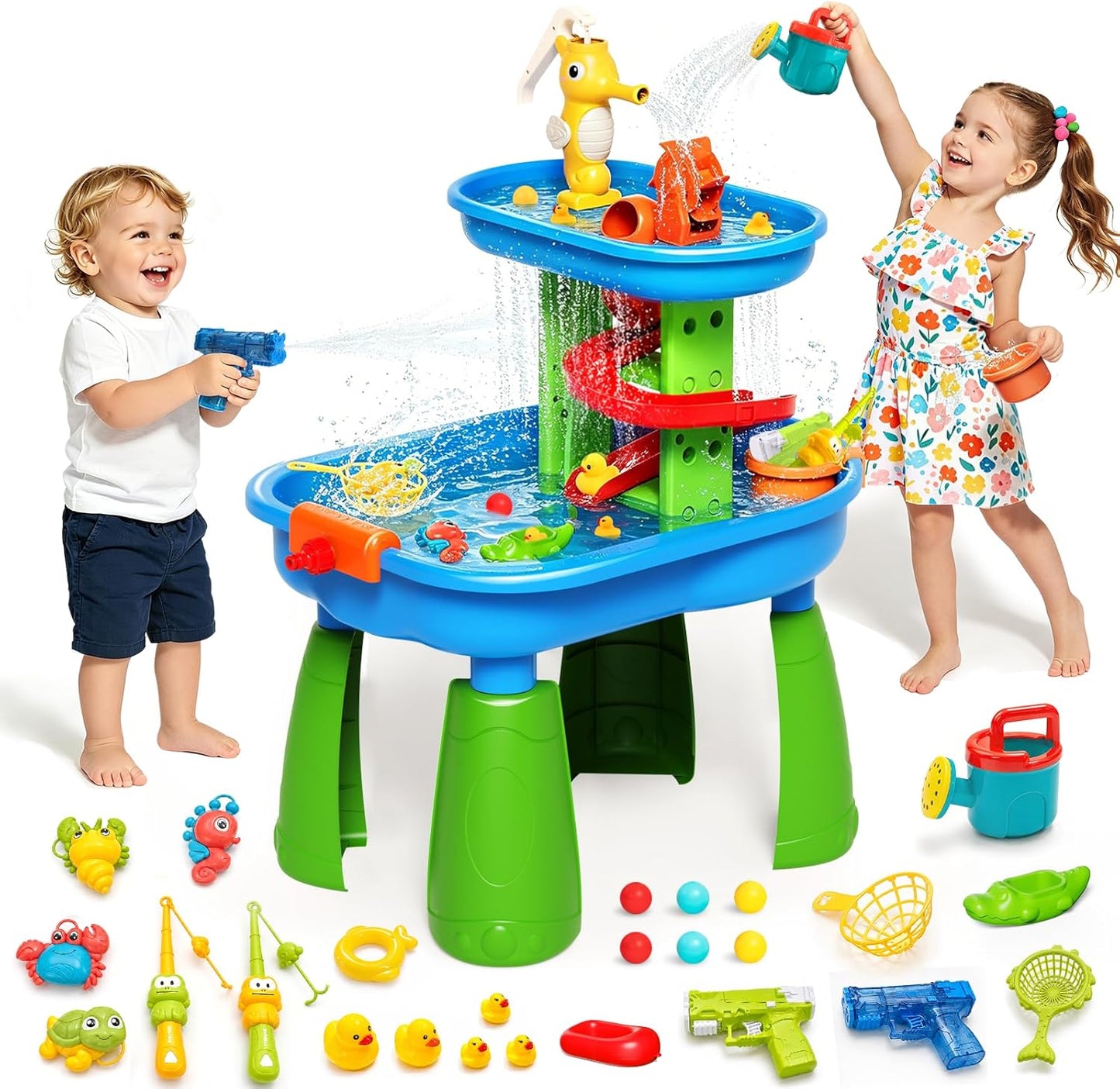 Toddler Water Table for Kids - Sand and Water Table with 28PCS Toy Accessories & Rain Shower Sprinkler, Outdoor Sensory Water Play Table, STEM Toy Summer Gift for Boys Girls Ages 3-8