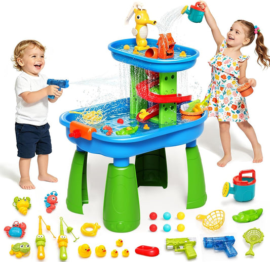 Toddler Water Table for Kids - Sand and Water Table with 28PCS Toy Accessories & Rain Shower Sprinkler, Outdoor Sensory Water Play Table, STEM Toy Summer Gift for Boys Girls Ages 3-8