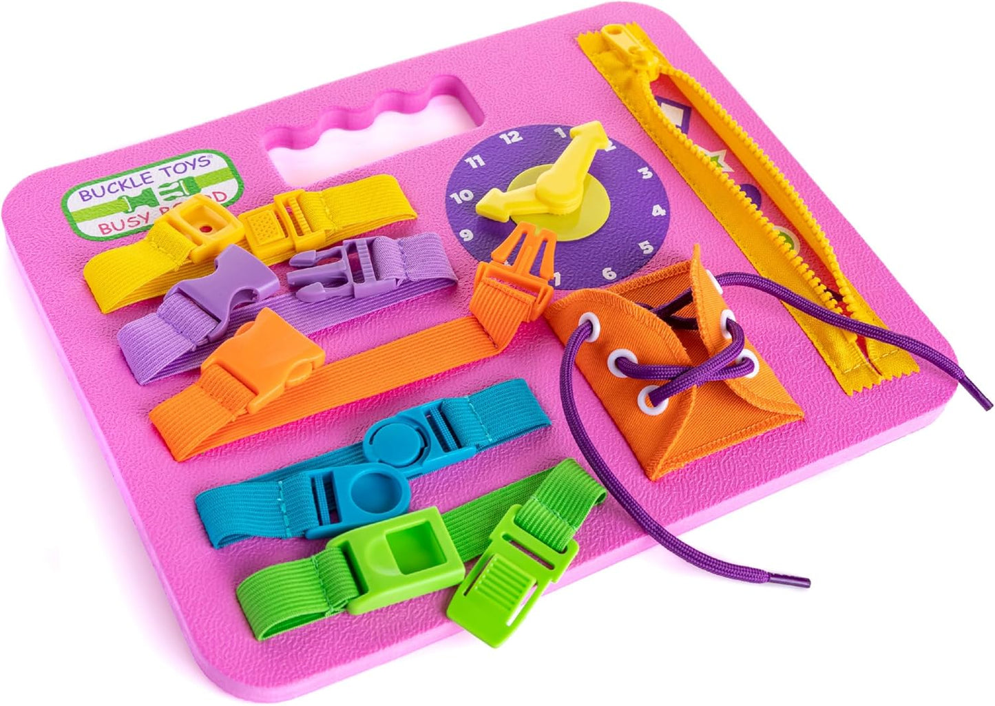 Buckle Toys Busy Board - Montessori Learning Toy for Toddlers Great Kids Road Trip Essentials - Foam Sensory Board - Develop Fine Motor Skills - Pink