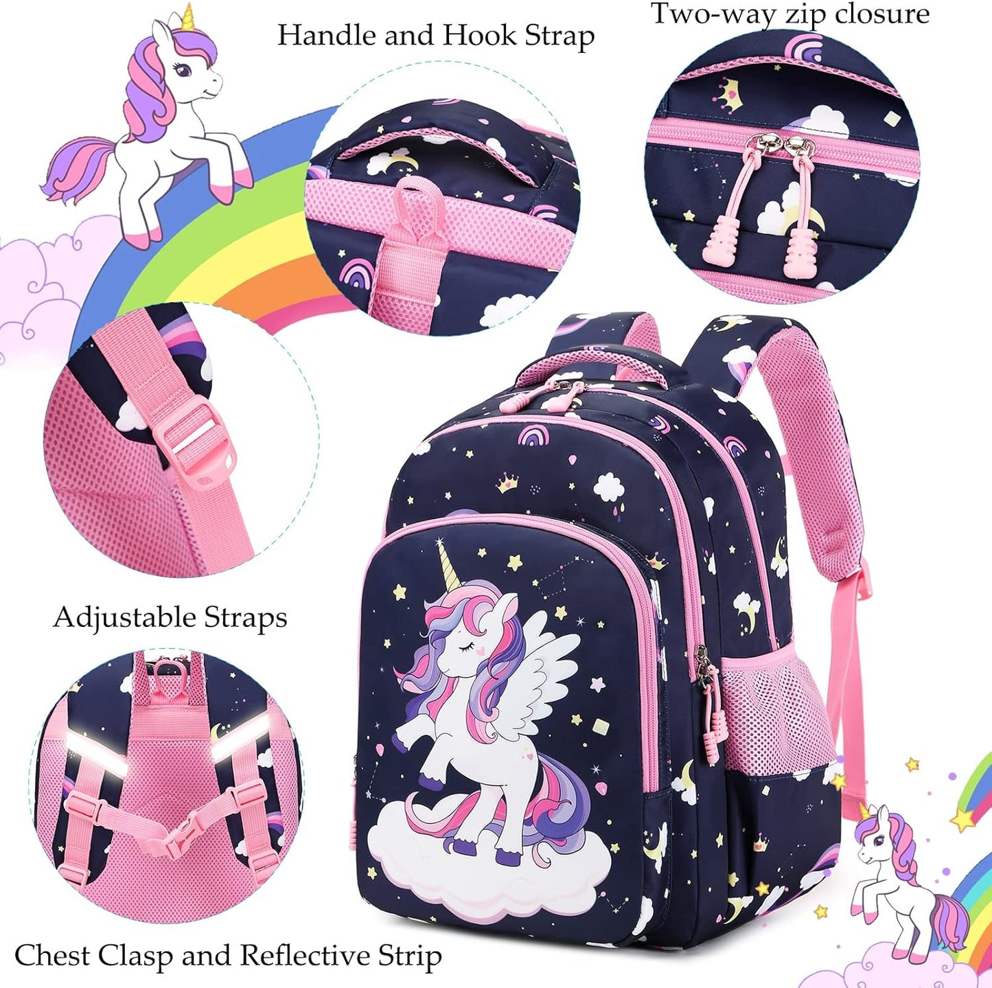 Girls Backpack for Elementary Unicorn Backpack Kids Backpack School Bookbag for Girls 3 in 1 Set Back to School