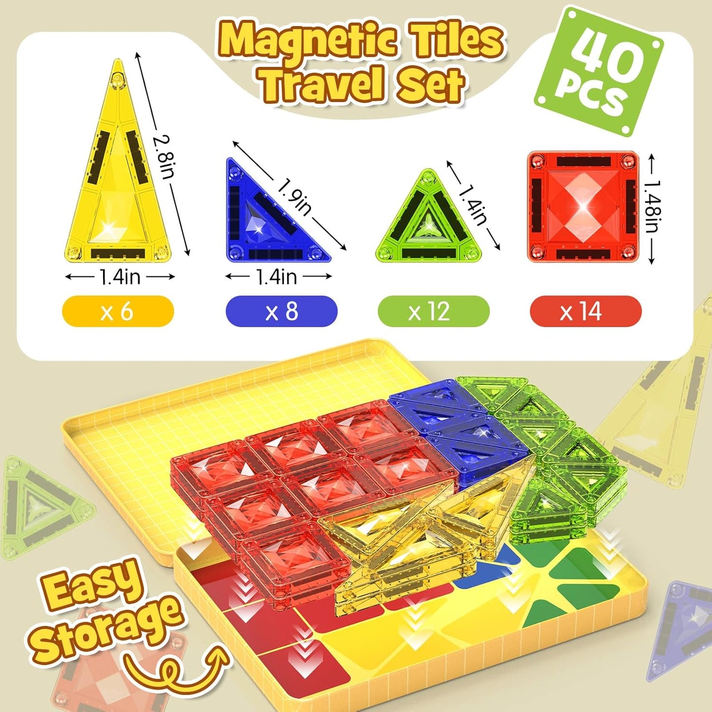 42-Piece Mini Magnetic Tiles Travel Set with Metal Storage Box - Portable STEM Building Blocks for Kids Ages 3-8, Montessori Educational Toys for Airplane & Car Rides, Gift for Boys & Girls