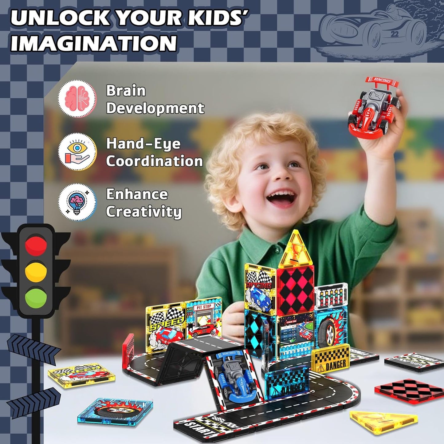 Magnetic Tiles Road Set | Magnet Tiles Race Track, Magnetic Car Racing Tile for Kids Ages 4-8 5-7, Toddler Magnet Building Toys STEM Learning Sensory Birthday Gifts for 3+ Years Old Boys Girls