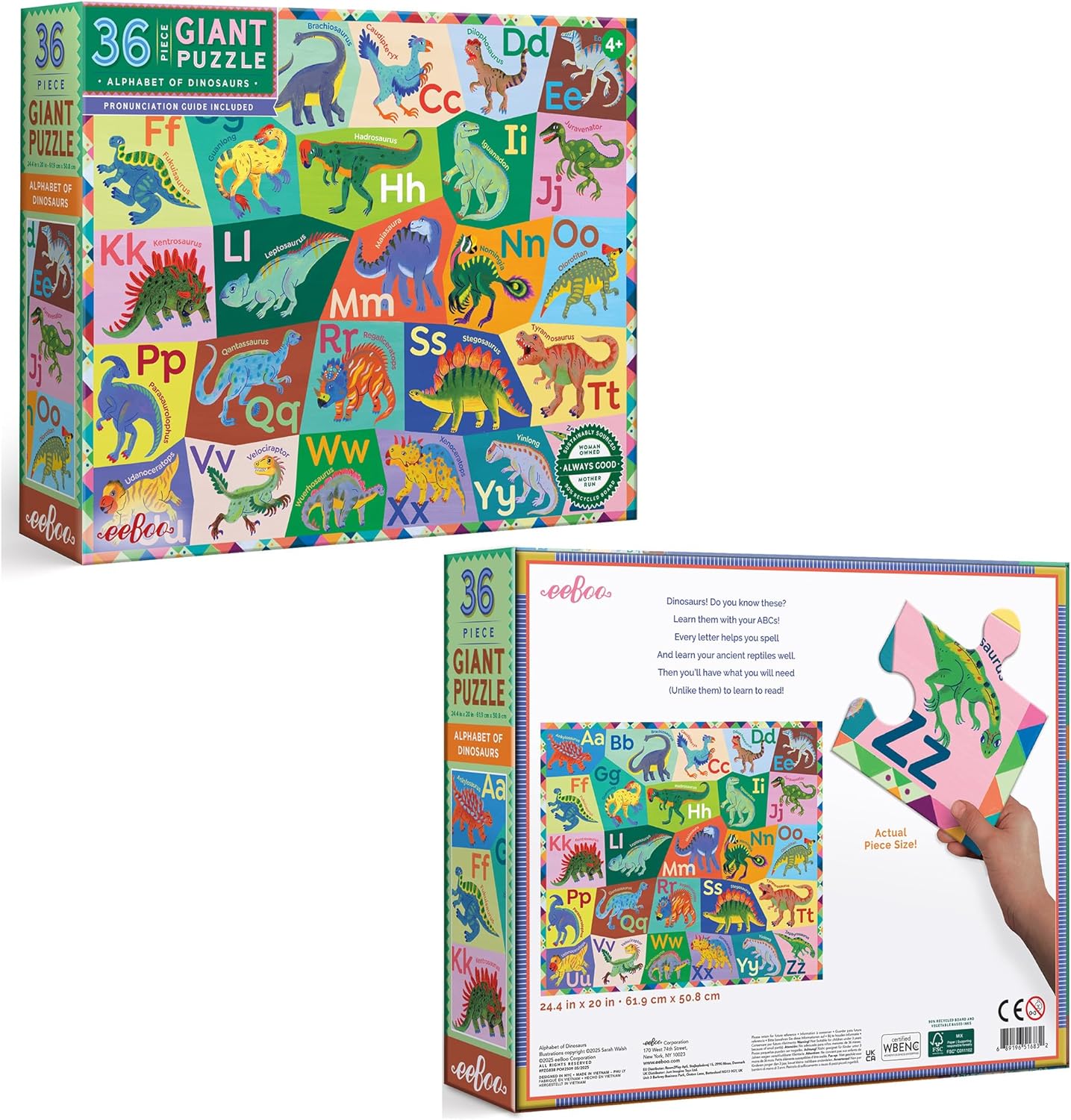 eeBoo 36 Piece Giant Floor Puzzle - Dinosaur Alphabet Children's Puzzle ABC & Dino Themed, Large Pieces for Small Hands to Develop Motor Skills