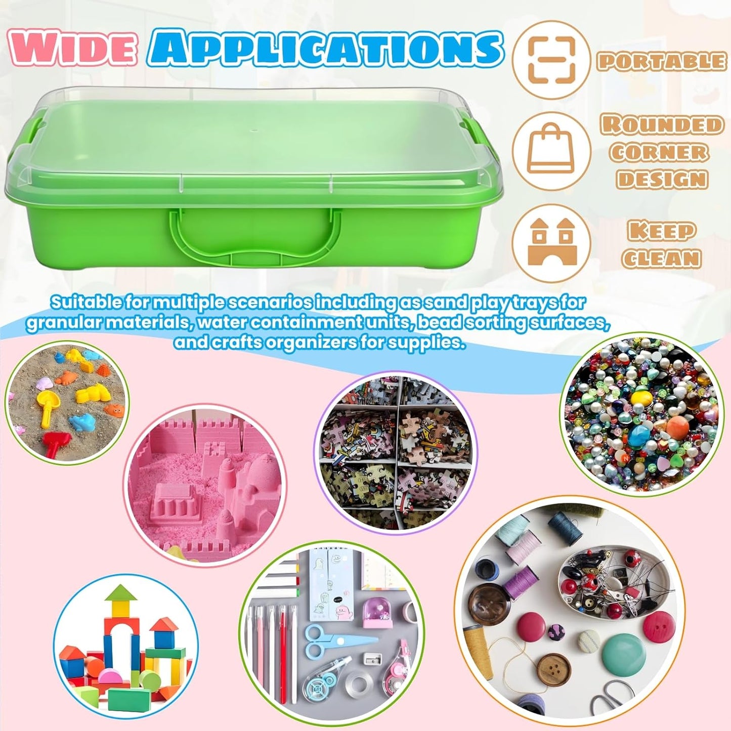 3 Pack Plastic Sensory Bins, Portable Clear Lid Sandbox Container with Handle 15 Stickers, Large Sand Water Play Tray Crafts Organizers for Sand, Water, Beads (Blue, Green, Pink)