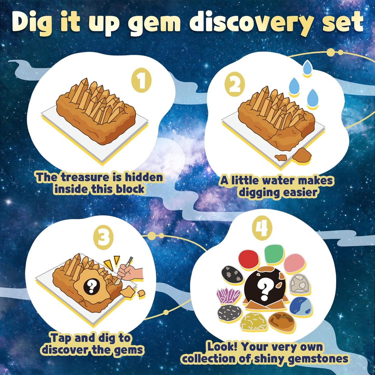 Gemstone Dig Kit for Kids with 2 Tools, Excavate 10 Real Gems, STEM Science Mining Toy, Educational Gift for Boys and Girls Ages 8-12