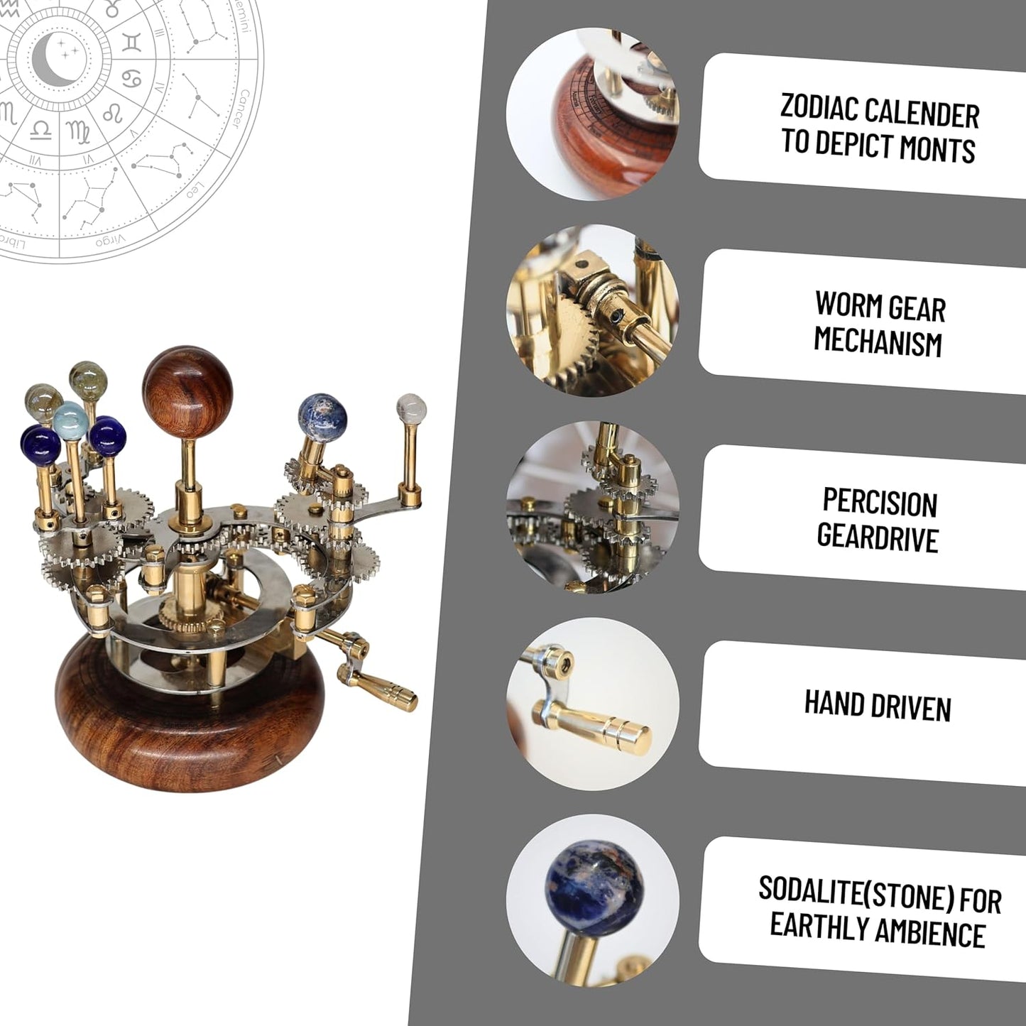 Luxury Vintage Brass Orrery – Exquisite Brass Planetary Gear Mechanism | Astronomical Desk Ornament | Solar System Model (8" Mercury, Venus, Earth, Mars, Uranus & Moons)