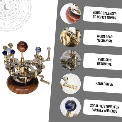 Luxury Vintage Brass Orrery – Exquisite Brass Planetary Gear Mechanism | Astronomical Desk Ornament | Solar System Model (8" Mercury, Venus, Earth, Mars, Uranus & Moons)