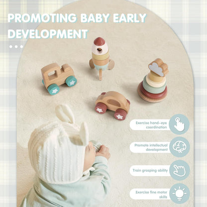 FReniland Wooden Montessori Toys, 4-Piece Wooden Baby Toy, Rainbow Stacking Ring,Car Push and Pull Toy, Rocket Stacking Ring Babys Toys,Newborn Baby Gift Sets for Boys and Girls