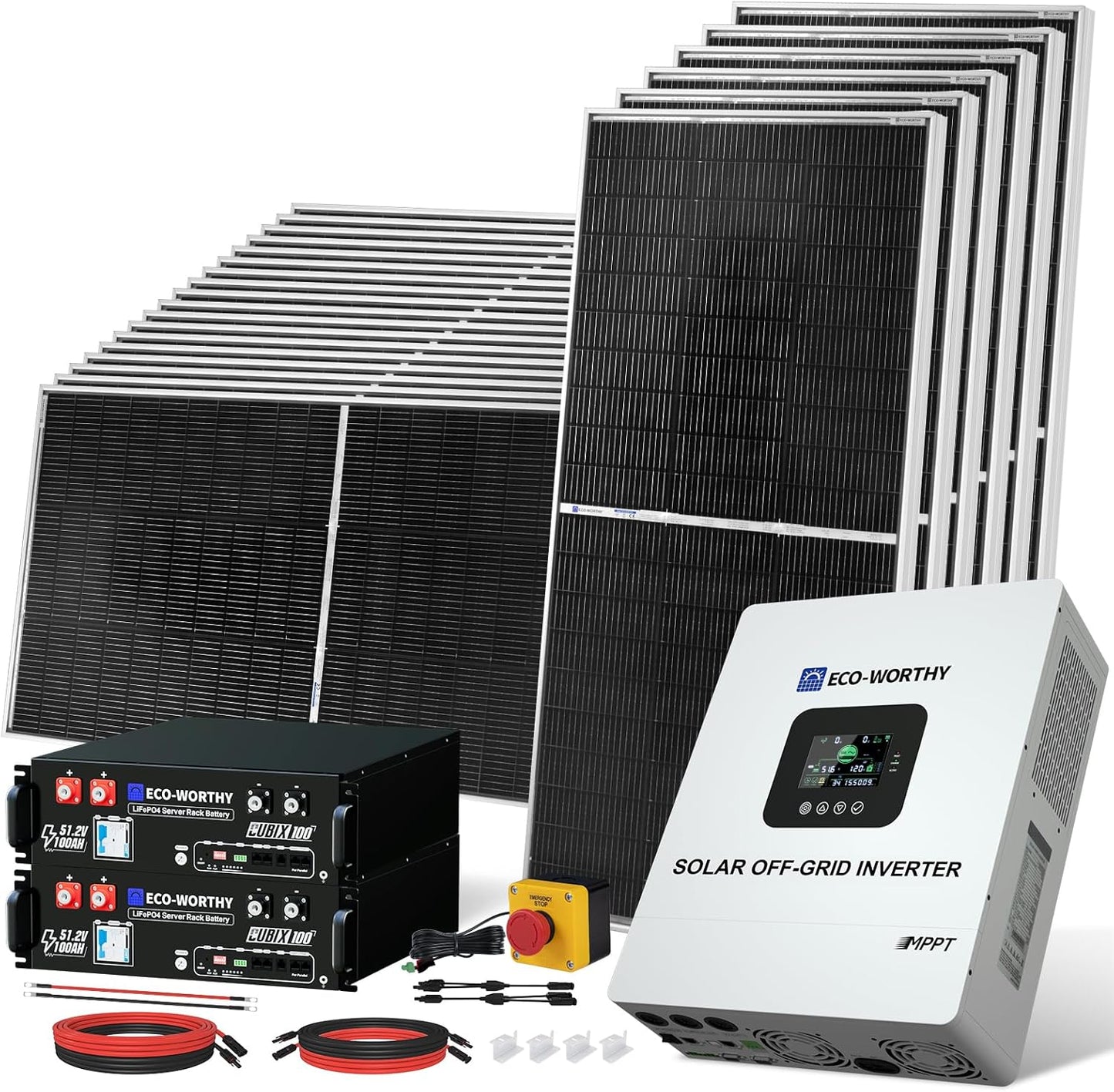 ECO-WORTHY 5KW Off Grid Solar System Complete Kit 12PCS 195W Mono Solar Panel (2340W) +1 * 48V 5KW Off-Grid Inverter + 1 * 51.2V 100Ah Server Rack Whole House Storage LiFePO4 Lithium Battery