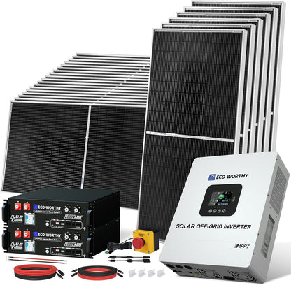 ECO-WORTHY 5KW Off Grid Solar System Complete Kit 12PCS 195W Mono Solar Panel (2340W) +1 * 48V 5KW Off-Grid Inverter + 1 * 51.2V 100Ah Server Rack Whole House Storage LiFePO4 Lithium Battery