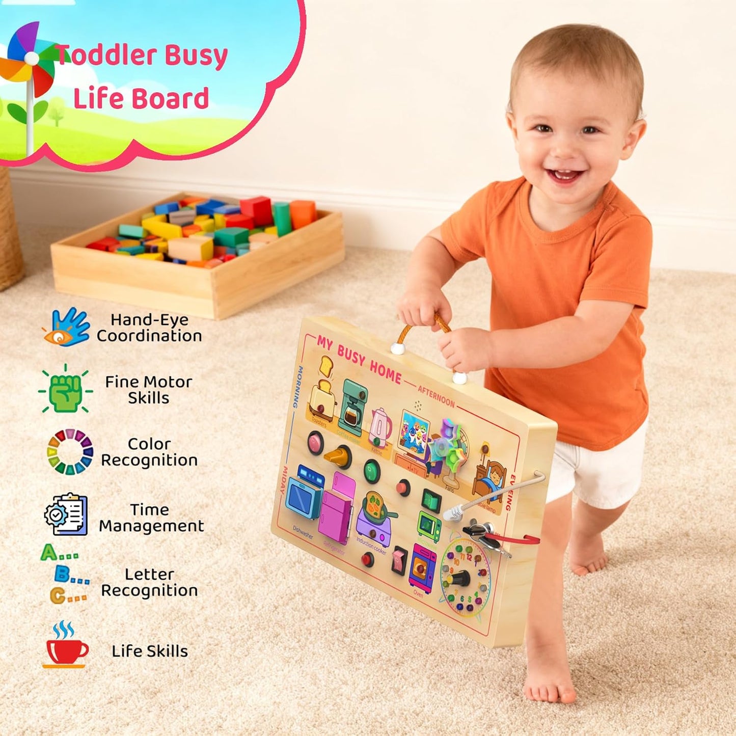 UdoUto Montessori Wooden Busy Board for Toddlers with LED Light Lights & Switches,Portable Activity Board for Car & Airplane Travel Toys, Christmas & Birthday Gift for 1-3 Year Old Boys & Girls