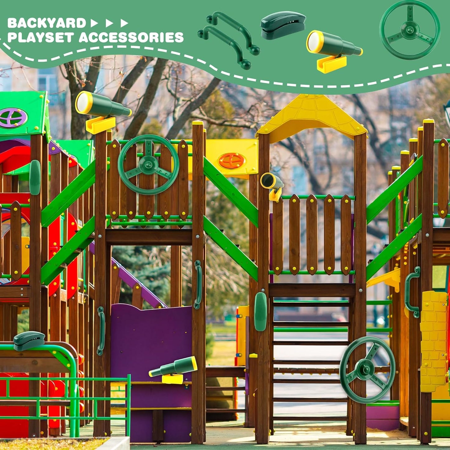 5 Pack Kids Playground Accessories Set Swingset Steering Wheel Plastic Telescope Safety Handles Telephone Toy for Outdoor Playhouse Playset (Color Set 4)
