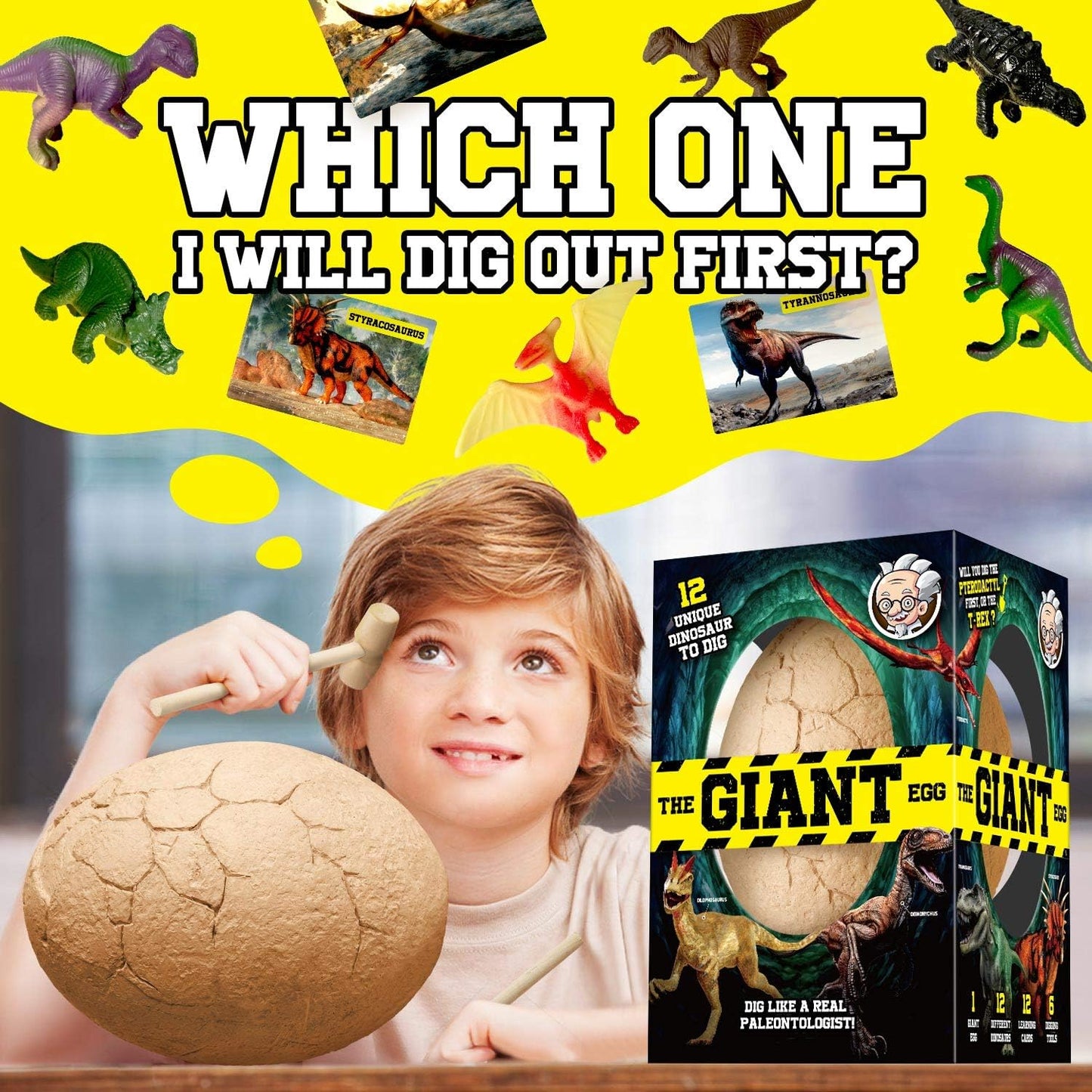 Dinosaur Egg Dig Kit, Unearth a Jumbo Dino Egg with 12 Unique Large Surprise Dinosaur Toys, Ideal Educational STEM Toys and Gifts for Kids Aged 5-7, Suitable for Party and Easter
