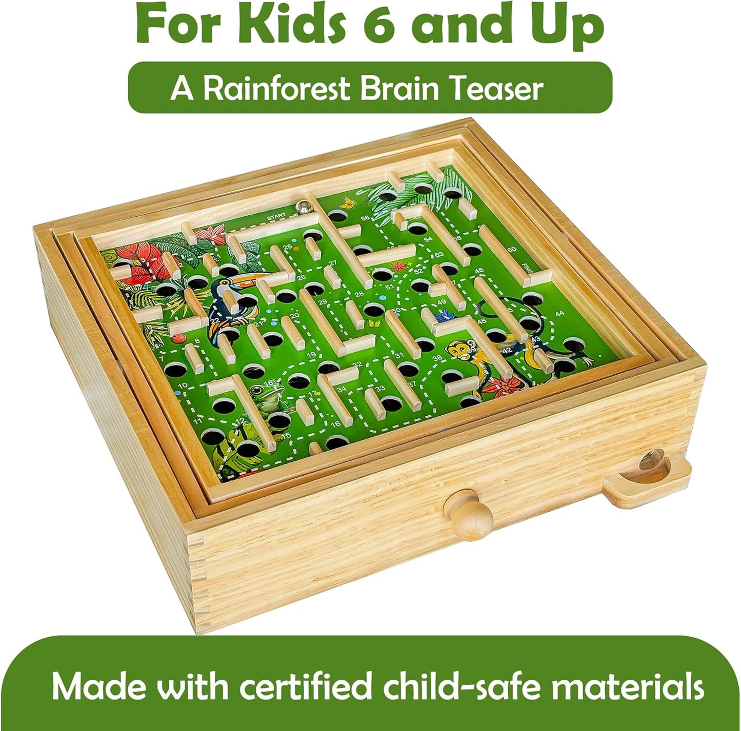 STERLING Wooden Labyrinth Marble Maze Game, Large 12.75" x 11.5" Tilt Maze Game Board with 60 Waypoints and Marble Balls Included, for Kids and Adults 6 Years and Up