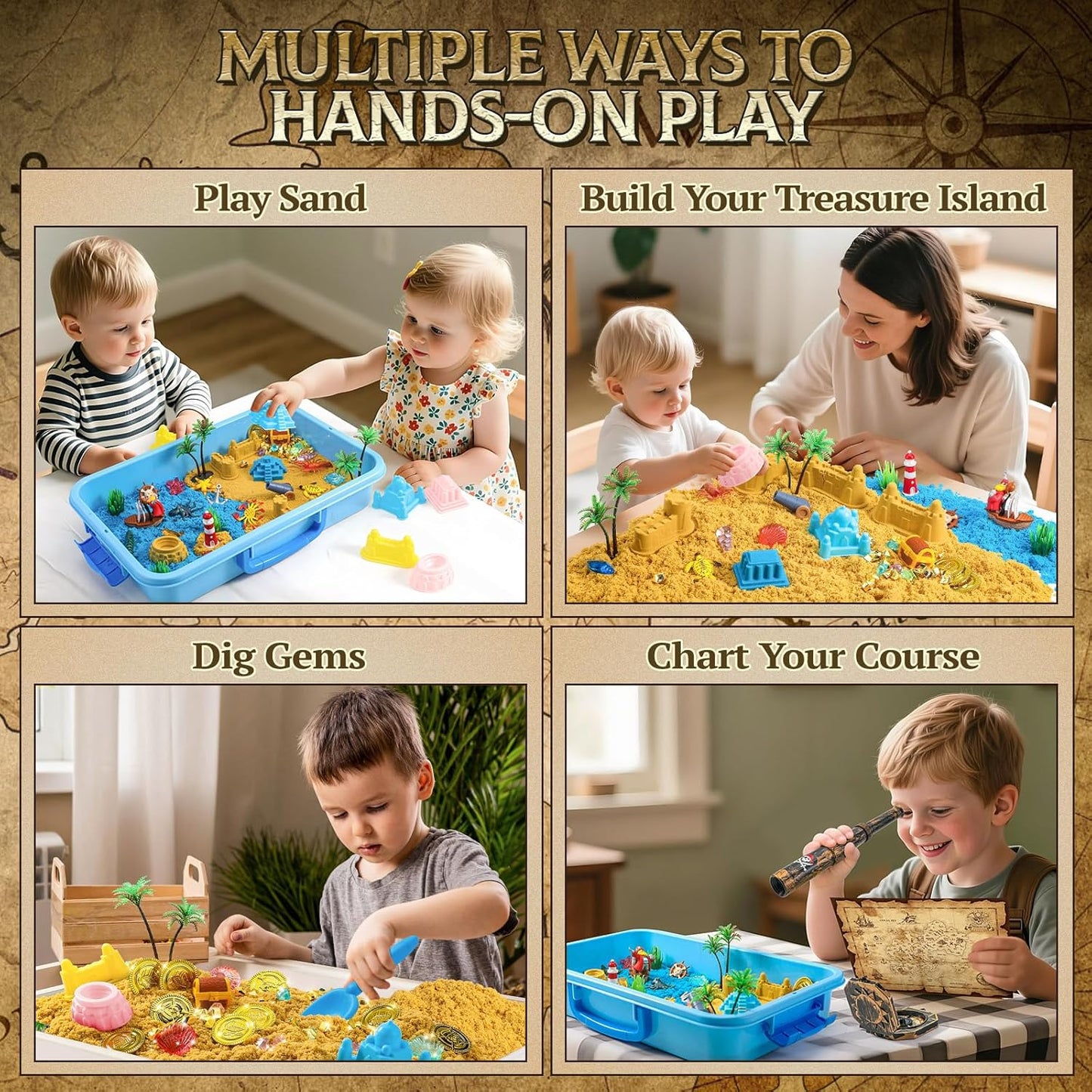 KNASON Pirate Treasure Chest Sensory Bin,Play Sand Kit for Boys with Pirate Accessories,2.2lbs Sand,Glow in The Dark Gems and Map,Pretend Play Adventure Sensory Toys for Toddlers Kids Ages 3 4 5 6 7 8