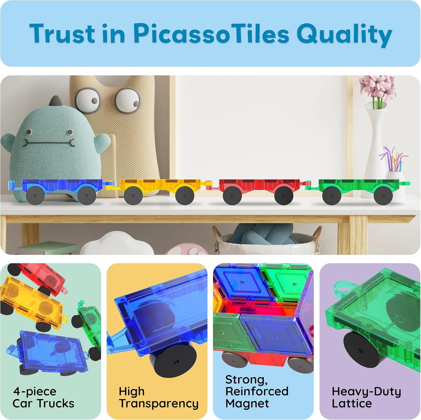 PicassoTiles 2 Piece Car Truck Construction Kit Toy Set Vehicle for Magnetic Blocks Building Tile Sensory Magnet Toys with Re-Enforced Hitch & Long Bed Educational Puzzle Girls Boys Toddlers Ages 3+