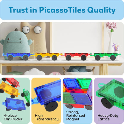 PicassoTiles 2 Piece Car Truck Construction Kit Toy Set Vehicle for Magnetic Blocks Building Tile Sensory Magnet Toys with Re-Enforced Hitch & Long Bed Educational Puzzle Girls Boys Toddlers Ages 3+