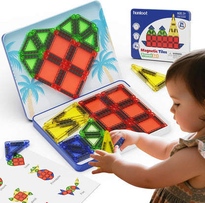 Mini Magnetic Tiles 40PCS Travel Set with Iron Storage Box, Portable STEM Building Blocks for Kids 3-8, Montessori Educational Magnet Toys for Road Trip, Airplane, Car Rides & On-The-Go Play