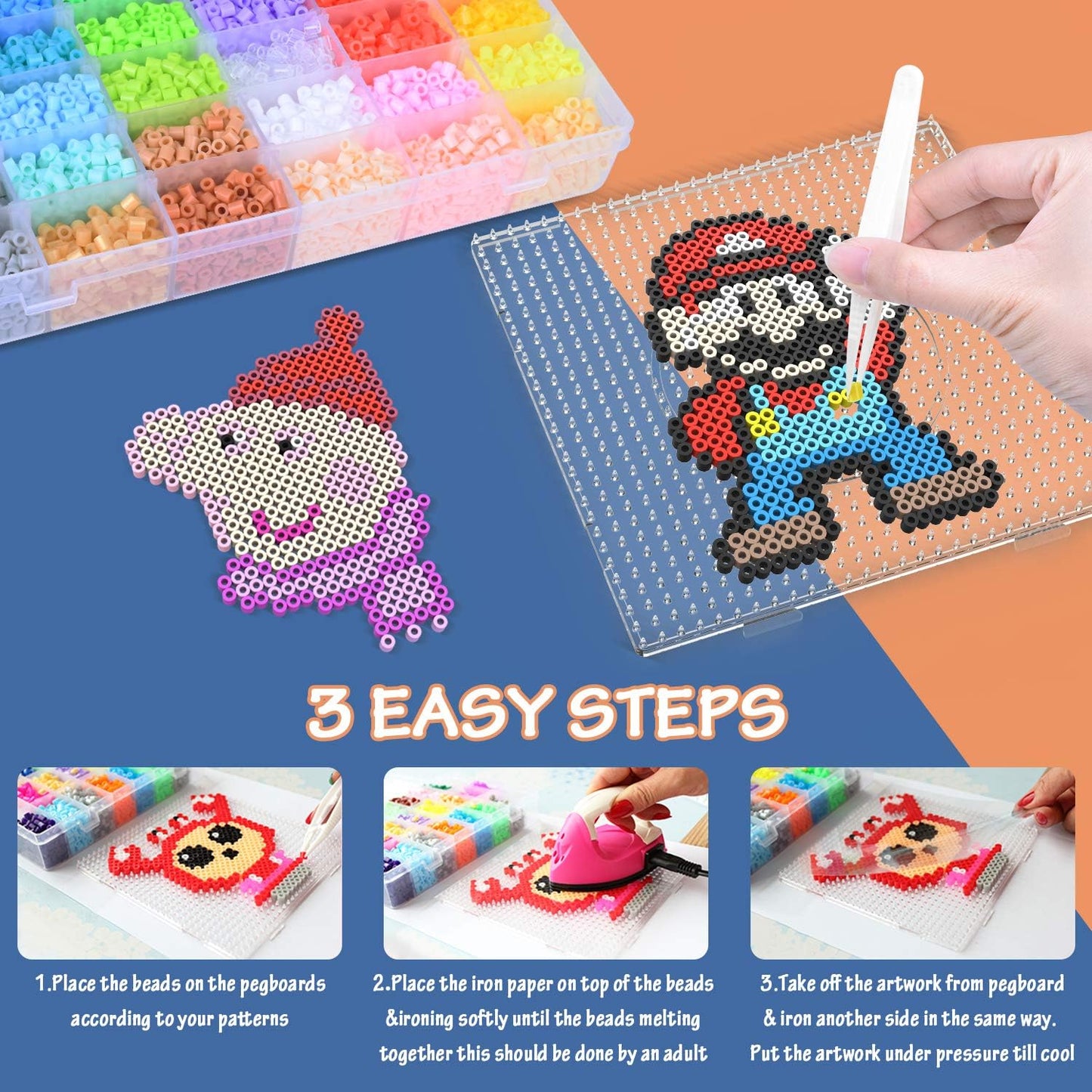 AUKUYEE Longruner 10000, 36 Colors Fuse Beads Kit 5mm DIY Art Craft Toys for Kids with 4 Pegboards, 60 30 Pattern Paper| B, 10000pcs