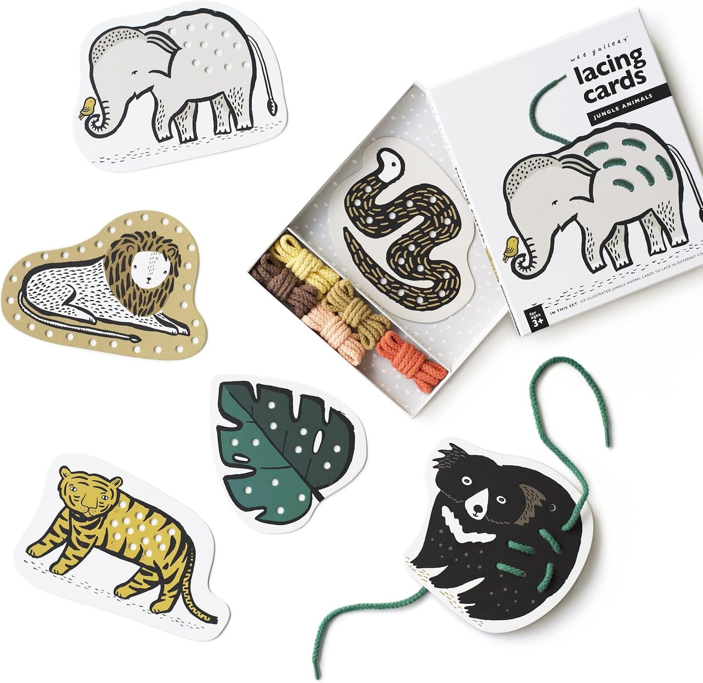 Wee Gallery Fine Motor Practice Bundle - Night Life Floor Puzzle, 24 Large Pieces, Durable Jumbo Jigsaw Floor Puzzles - Jungle Animals Lacing Cards for Toddlers, Sewing Board, Preschool Toys