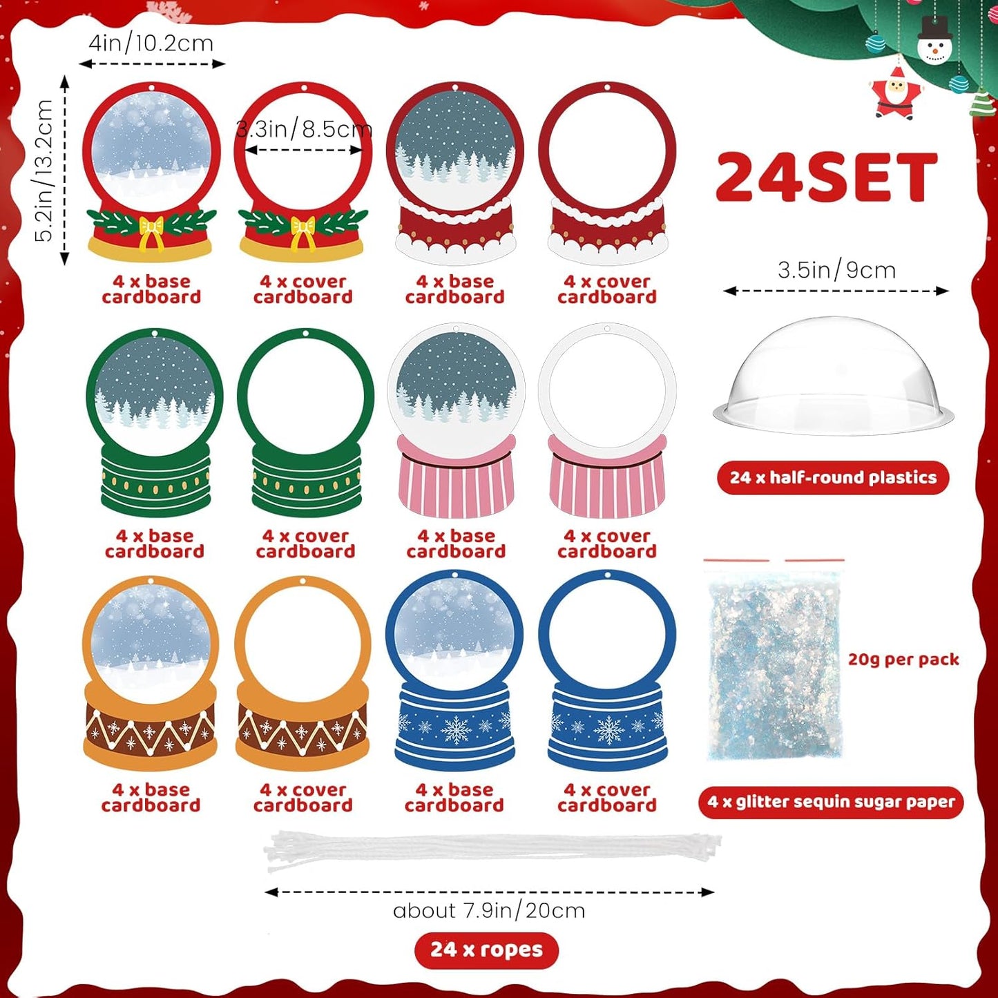Threehoney 24 Pack Winter DIY Snow Globe Craft Kit for Kids Christmas 3D Shaking Snow Globe Hanging Ornament for Xmas Tree with Glitter Sequins Papers 3D Half Balls and Cards(Blue+Purple)