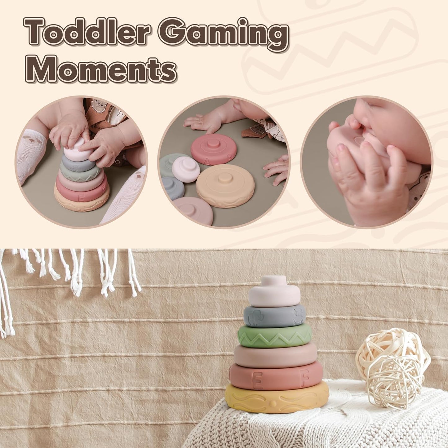 BOBXIN Baby Stacking & Nesting Rings Toy 4.7", 6pcs Soft Silicone Circle Building Stacker,Squeeze Play with Letter,Animal and Graphic,Toddler Sensory Learning Toys for Babies 6 Months+