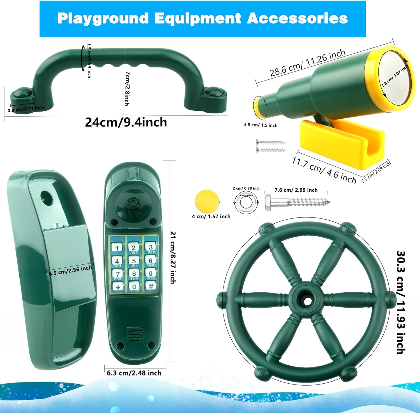 5 Pcs Kids Playground Accessories for Kids Outdoor Plastic Steering Wheel Swingset Phone Pirate Telescope Telephone Safety Handle for Child Backyard Tree House Playhouse Jungle Gym (Yellow Set 1)