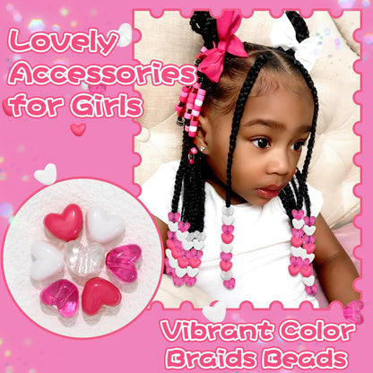 88PCS Pink White Hair Beads for Braids Lovely Heart Shape Loc Dreadlock Valentine's Day Bead Accessories Cute Acrylic Small Pony Beads for Kids Girls