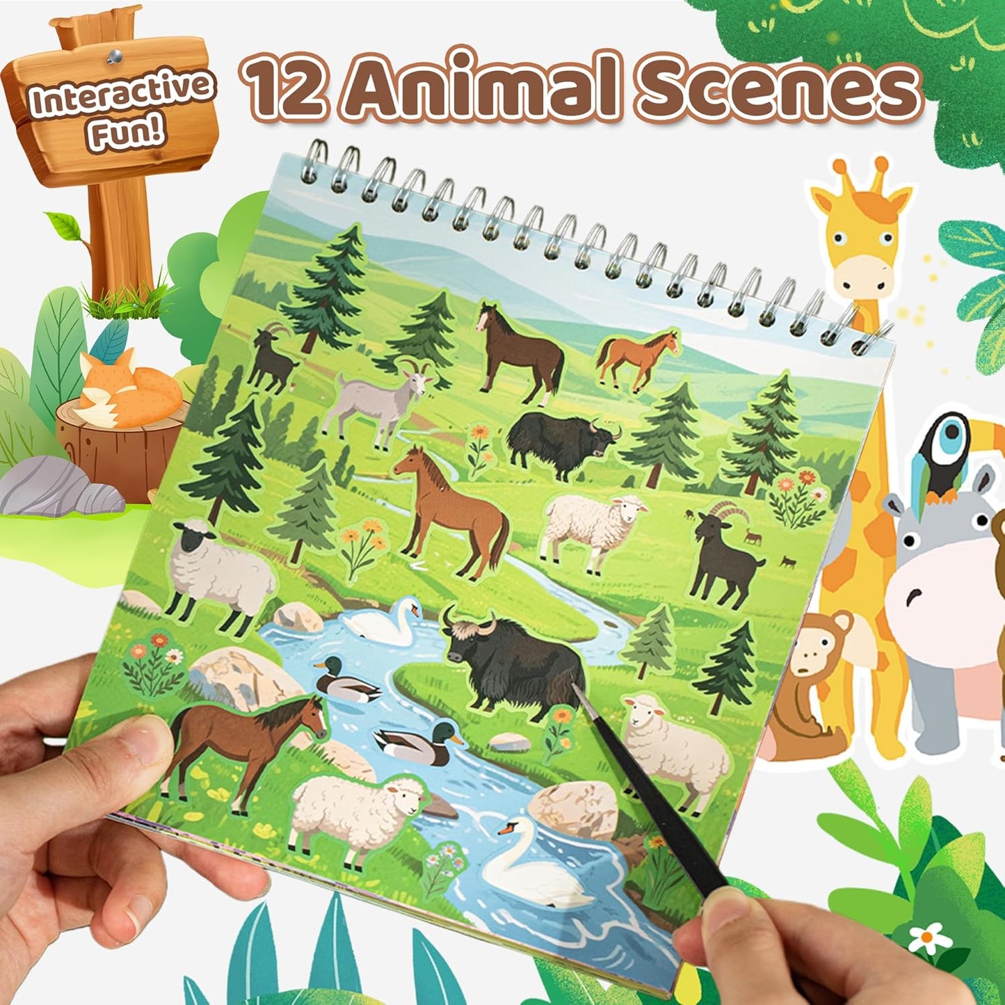 Animal Sticker Book for Toddlers 2-4 Years Sticker Activity Book for Kids with 12 Scenes & 12 Coloring Pages Toddler Travel Essential Quiet Time Activities