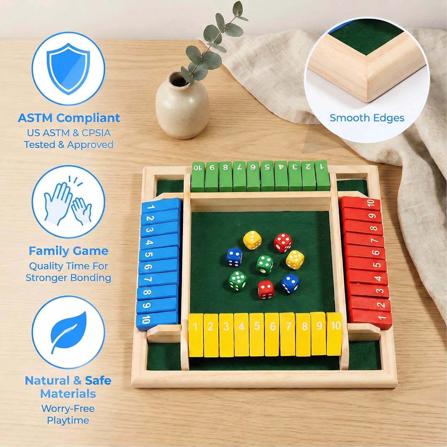 Shut The Box Game, Wooden Number Flip Board Dice Tabletop Toys for 2-4 Player, Math Educational Learning Tools for Kids Adults, Classic Pub Family Game Night Party Activity, Camping