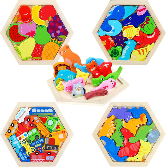 5 Pack Wooden Tangram Puzzle for Kids Wooden Hexagon Puzzle Block Teaser Geometric Shapes Tangram Games for Jigsaw 3D Logic IQ Game Gift(Geometry)