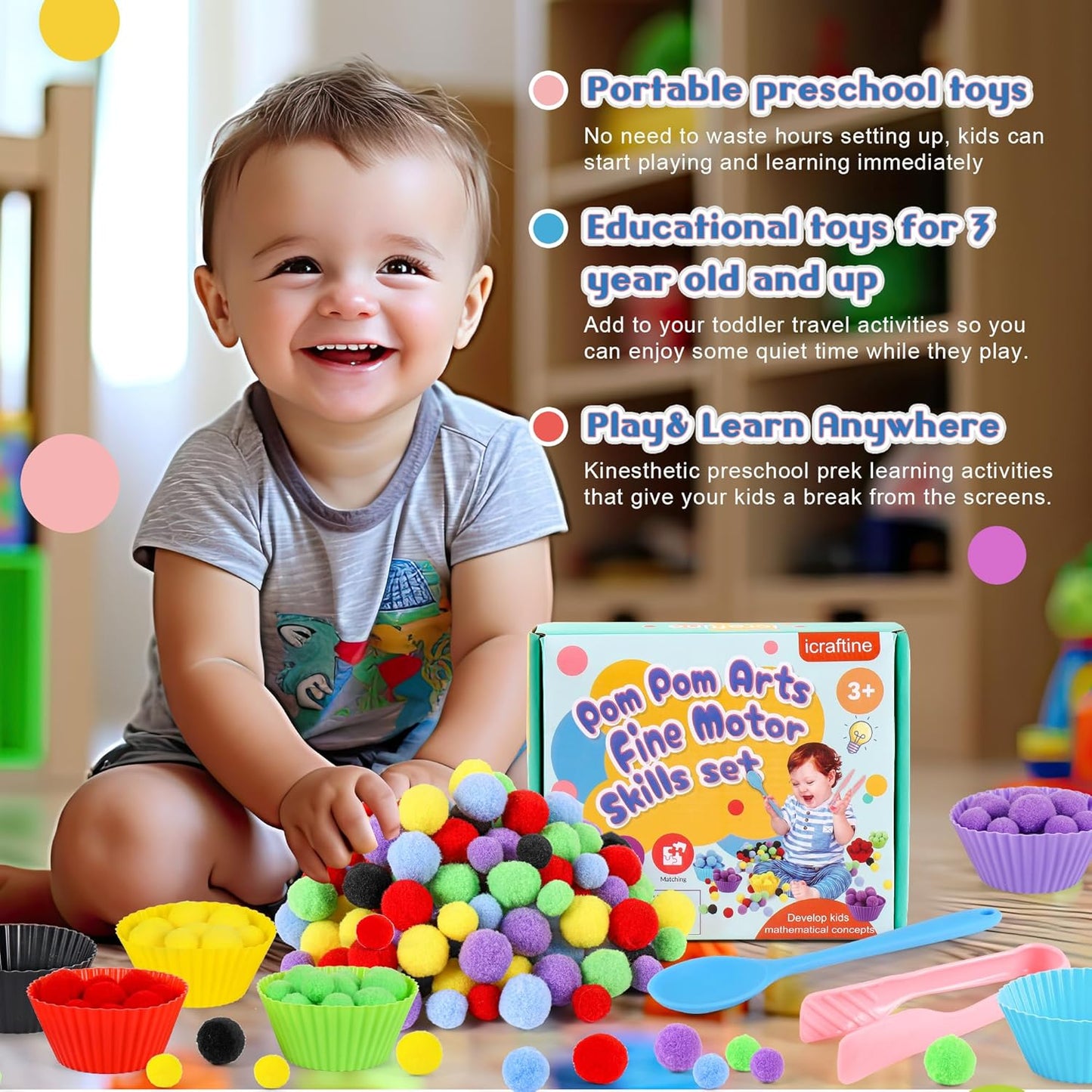 114 PCS Fine Motor Skills Sensory Bin Filler Includes 10 Sorting Bowls, 100 Pom Poms, 2 Tweezers, 2 Scooper Scissors for Kids Early Education, Counting Sorting Training Development